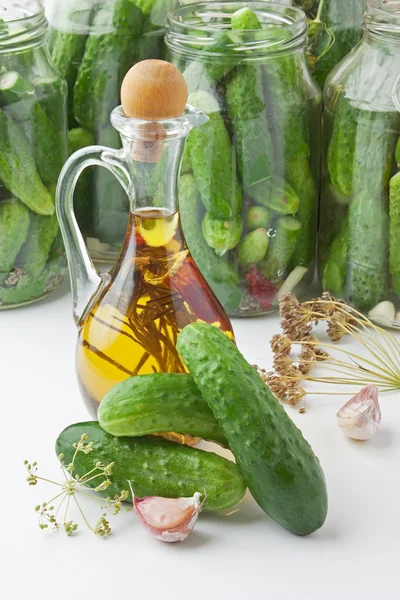 Harvesting and canning cucumbers — Stock Photo, Image