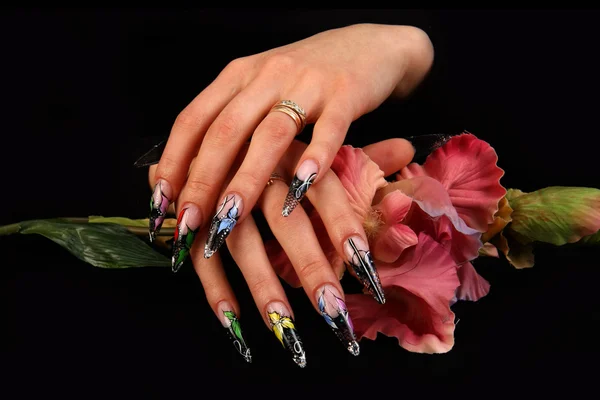 Menschliche Finger mit langen Fingernägeln und schöner Maniküre isoliert auf schwarz — Stockfoto