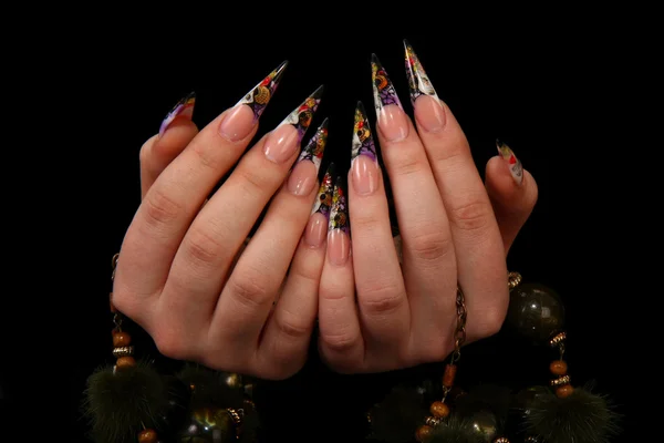 칠리 후추와 베이 리프긴 손톱과 아름 다운 매니큐어 블랙에 고립 된 인간의 손가락 — 스톡 사진