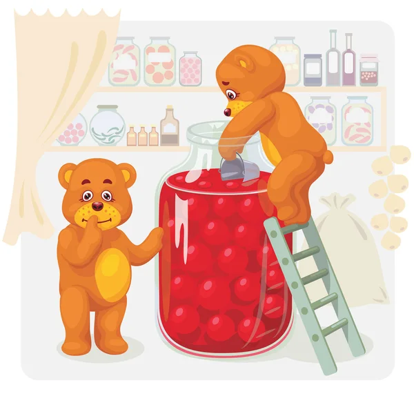 Dos oso de juguete robando jugo de cereza . — Vector de stock