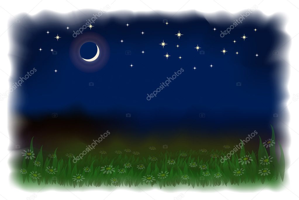 Meadow with daisies. Night landscape with the moon and stars. N