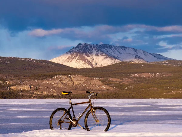 Bike on frozen Lake Laberge, Yukon, Canada — Stock Photo, Image