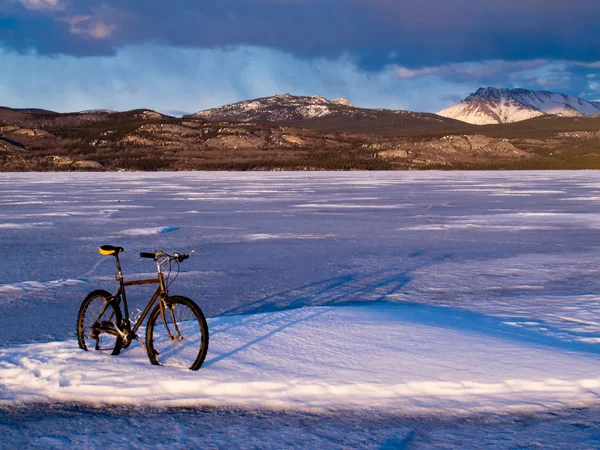 自行车上冻湖拉伯奇，育空地区，加拿大 — 图库照片