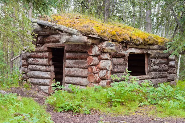 Velha cabine de madeira tradicional apodrecendo em Yukon taiga — Fotografia de Stock