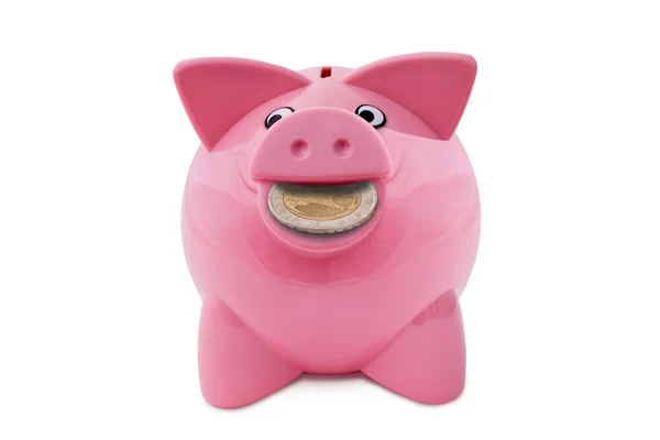 Piggy Bank with a coin in the mouth — Stock Photo, Image
