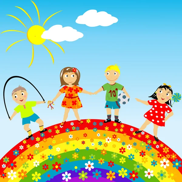 Цветочная радуга с счастливыми детьми — стоковое фото