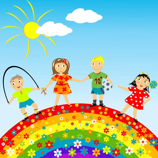 Arco iris floral con niños felices — Foto de Stock