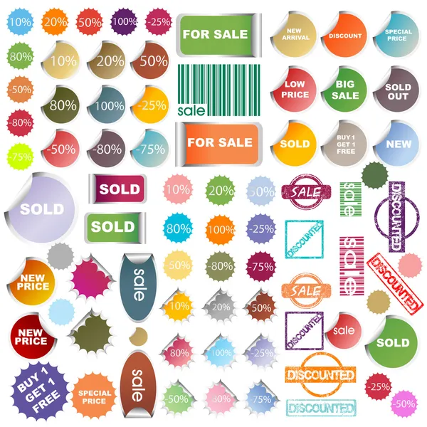 Set di elementi promozionali colorati, adesivi e francobolli — Foto Stock