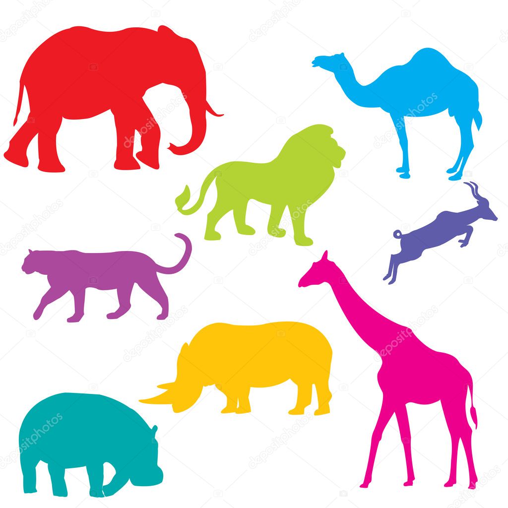 Set of African animals, isolated and grouped objects over white