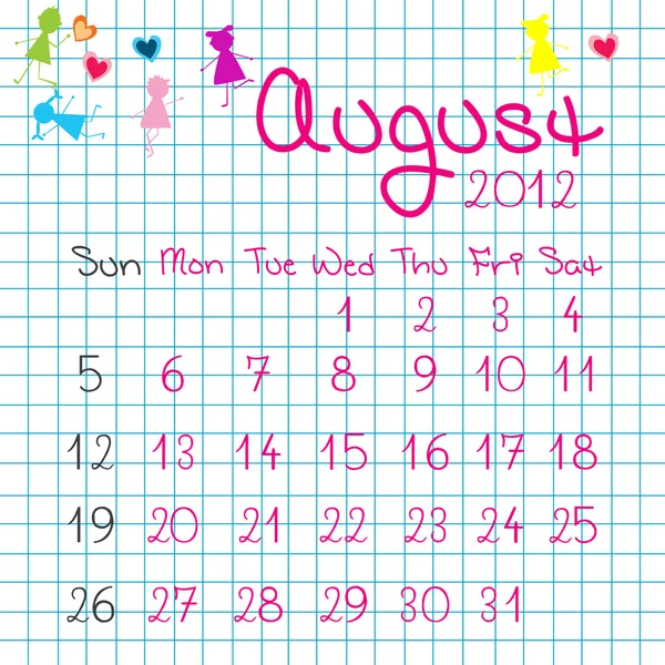 Kalender för augusti 2012 — Stockfoto