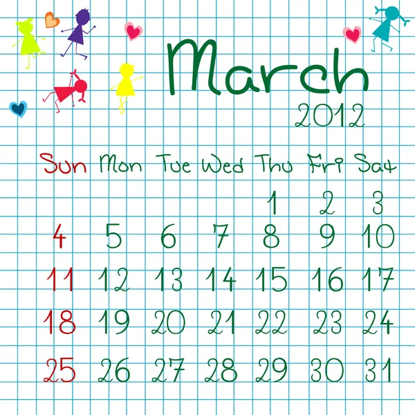 2012 年 3 月的日历 — 图库照片