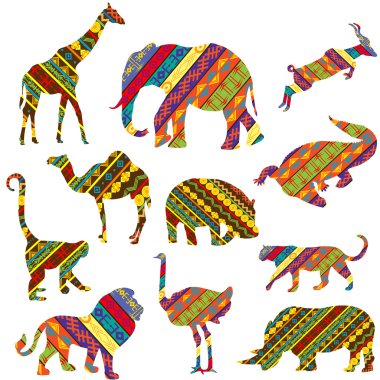 Set of African animals made of ethnic textures clipart