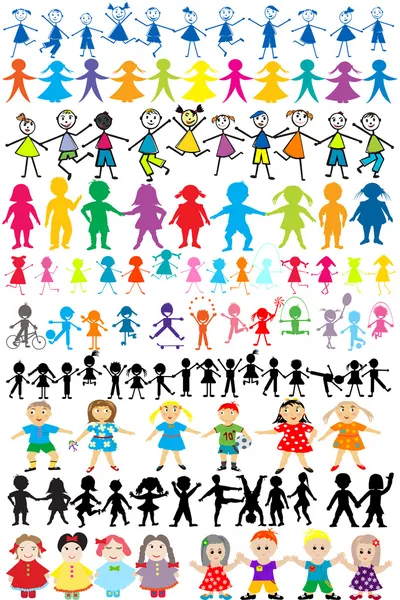Farklı ve renkli çocuk siluetleri kümesi — Stok fotoğraf