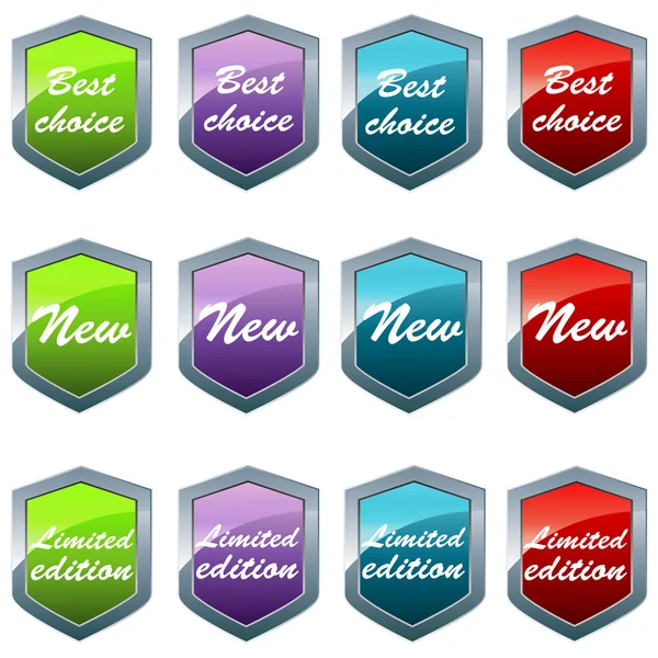 Shiny shields in different colors with different messages — Stock Photo, Image