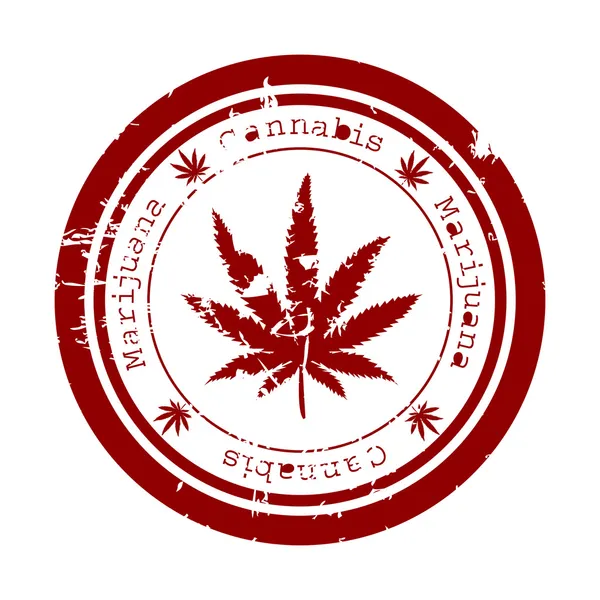 Czerwony znaczek z lisciem marihuany — Zdjęcie stockowe