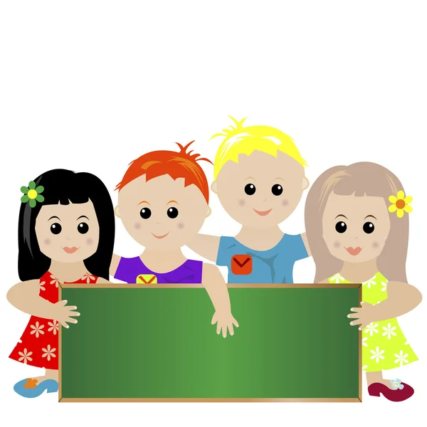 Group of stylized children holding a blackboard — Stock Photo, Image