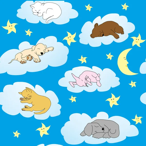 Background with cute doodle animals sleeping on clouds — Stock Photo, Image