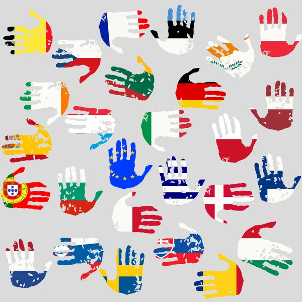 Mãos com bandeiras dos países da União Europeia — Fotografia de Stock
