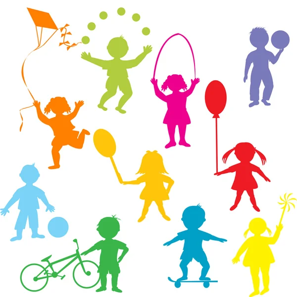 Oynayan renkli çocuk silhouettes — Stok fotoğraf