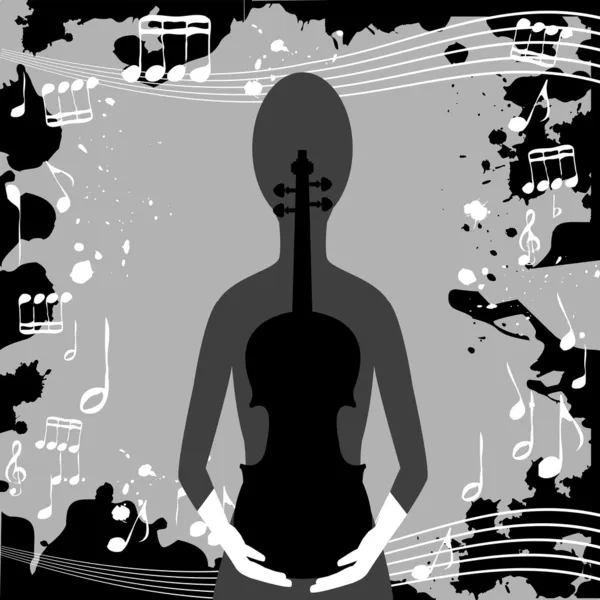グランジ背景に音符、バイオリンを保持している女性 — ストック写真