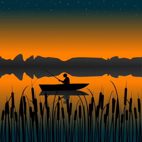 Night landscape with man on a boat — Stock Photo, Image