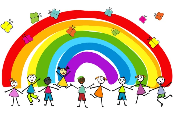 Crianças brincando no fundo do arco-íris — Fotografia de Stock