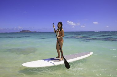 Beautiful polynesian girl on a standup paddle board clipart