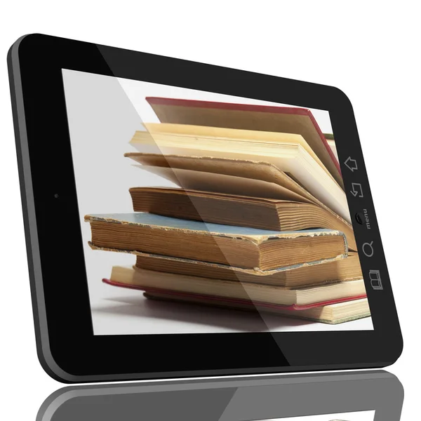 Tablet PC Ordenador y libro - Digital Library Concept — Foto de Stock