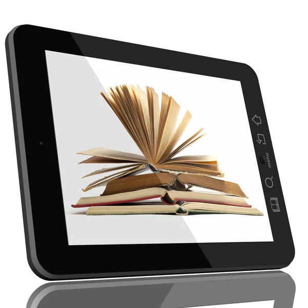 Tablet PC Ordenador y libro - Digital Library Concept — Foto de Stock