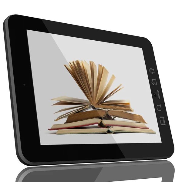 Počítače tablet pc a knihy - digitální knihovna koncept — Stock fotografie