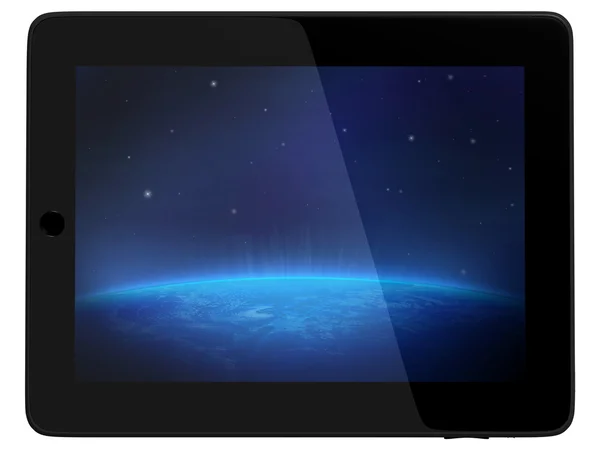 Tablet-Computer mit Blick auf die Erde aus dem All — Stockfoto