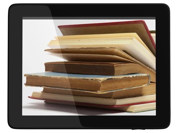 Obecný tabletový počítač a knihy - digitální knihovna koncept — Stock fotografie