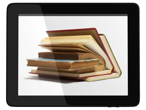 Γενική δισκίο υπολογιστή και το βιβλίο - η έννοια της ψηφιακής βιβλιοθήκης — Φωτογραφία Αρχείου