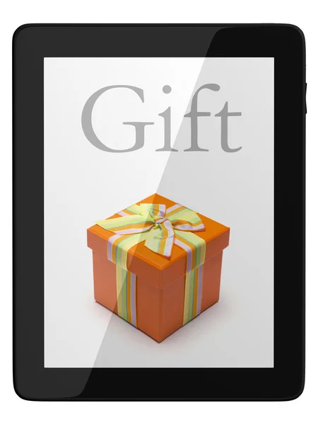 Tablet bilgisayar ve hediye — Stok fotoğraf
