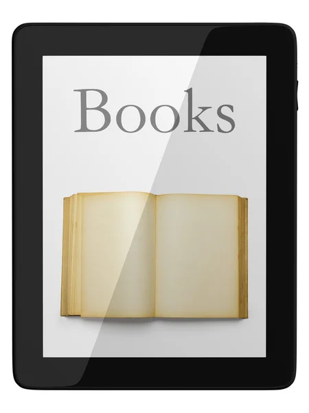 Komputer tablet rodzajowy i książki - biblioteka cyfrowa koncepcja — Zdjęcie stockowe
