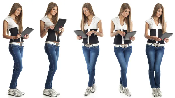 태블릿 컴퓨터와 아름 다운 여자 — 스톡 사진