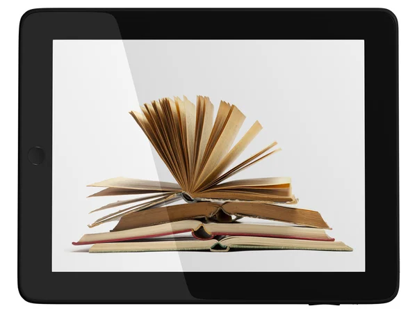 Общие планшетный компьютер и книга - Концепция цифровой библиотеки — стоковое фото