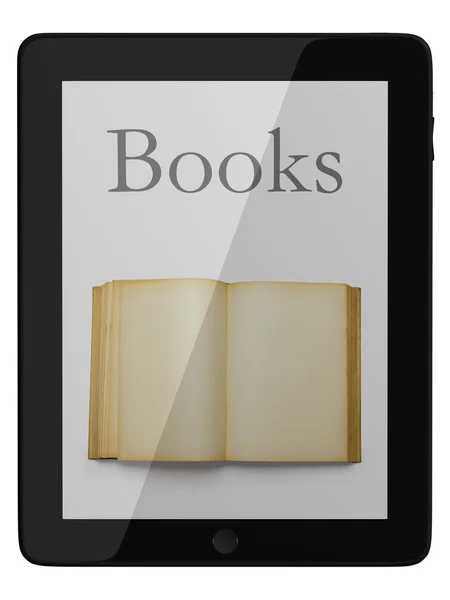 Komputer tablet rodzajowy i książki - biblioteka cyfrowa koncepcja — Zdjęcie stockowe
