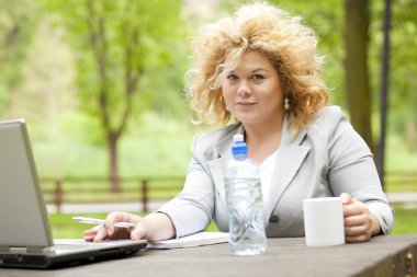 Business Woman using laptop in park clipart