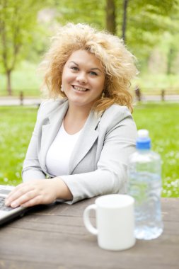 Woman using laptop in park clipart