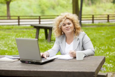 Woman using laptop in park clipart