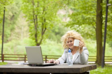 Woman using laptop in park and drinking clipart