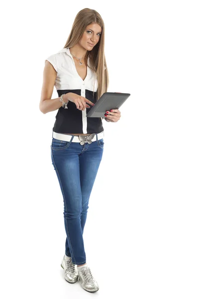 태블릿 컴퓨터와 아름 다운 여자 — 스톡 사진