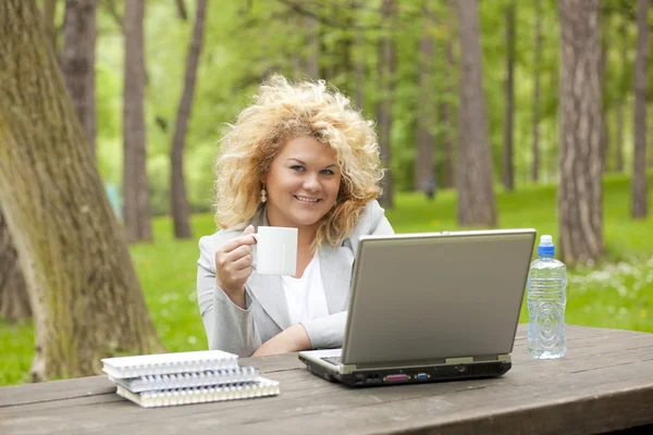 Жінка використовує ноутбук у парку — стокове фото