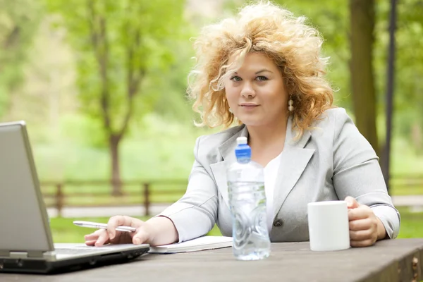 Femme d'affaires utilisant un ordinateur portable dans le parc — Photo