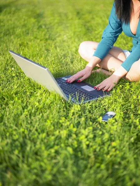 Giovane donna che utilizza il computer portatile nel parco — Foto Stock