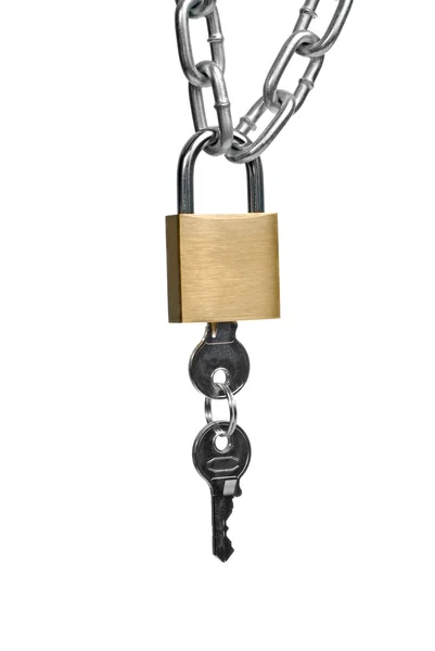 Cadeado fechado e corrente com chaves — Fotografia de Stock