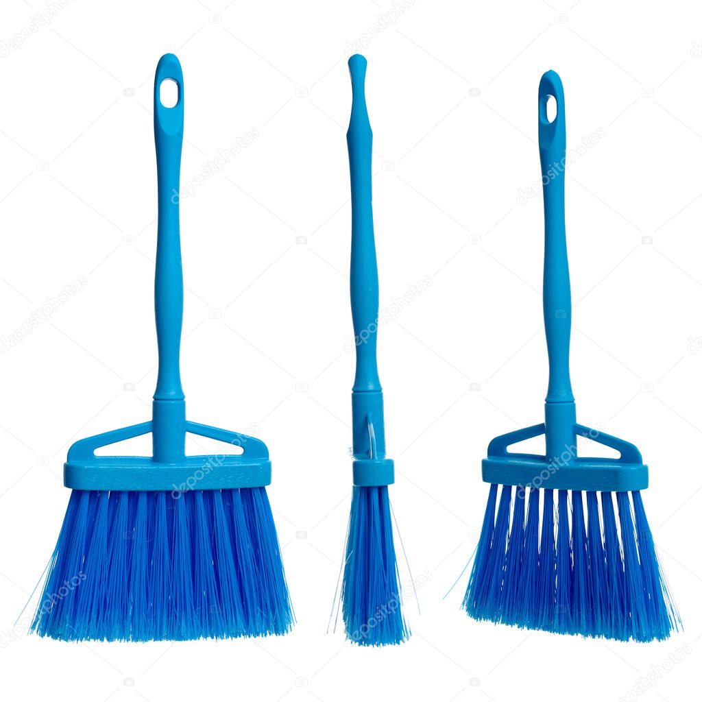 Three plasticblue brooms