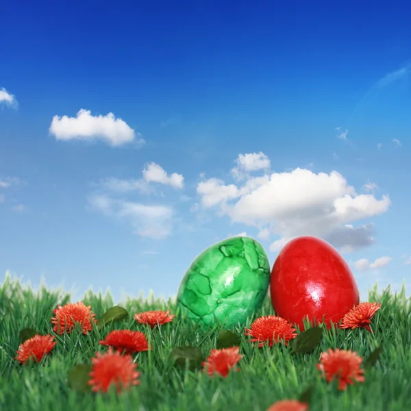 A színes tojásokat a zöld rét — Stock Fotó
