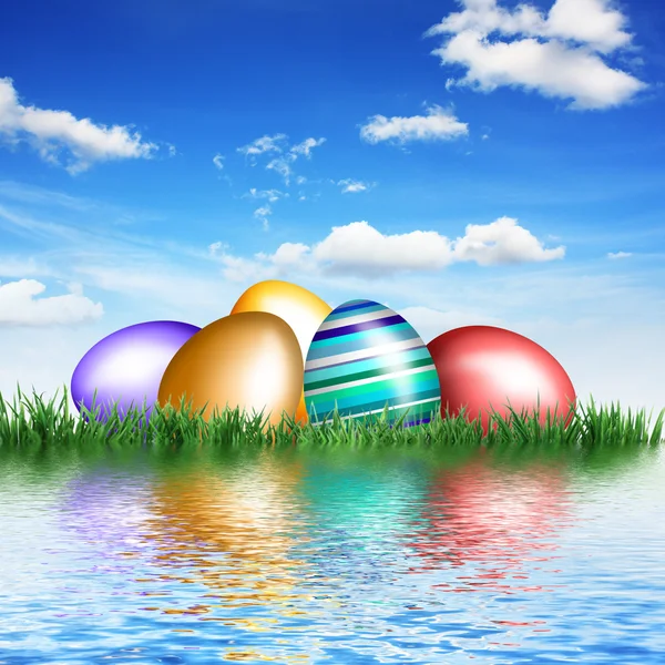 Eggs in grass on water — Stock Photo, Image